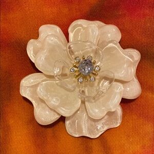 St. John Cream and Gold Flower Brooch with Rhinestone Center